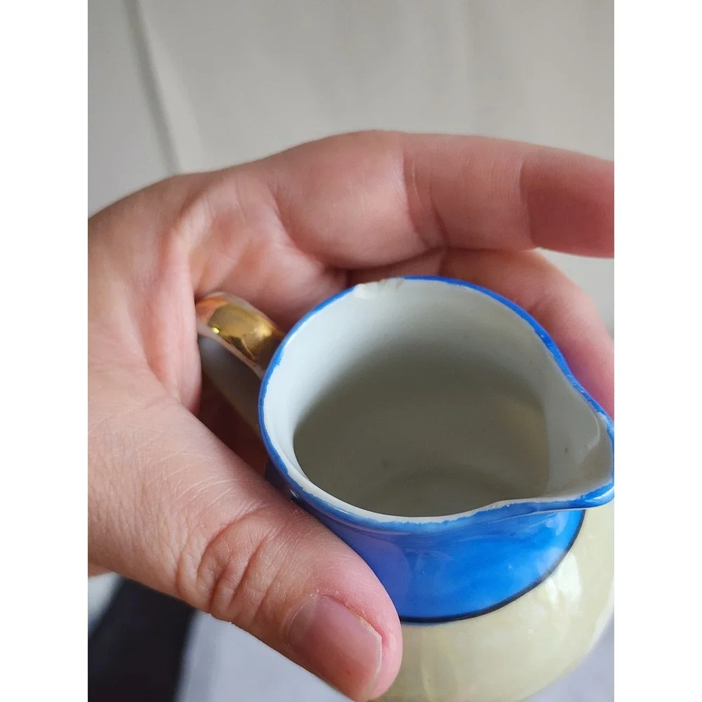Vintage Chikaramachi Hand Painted Porcelain Creamer Sugar Set Blue Lusterware
